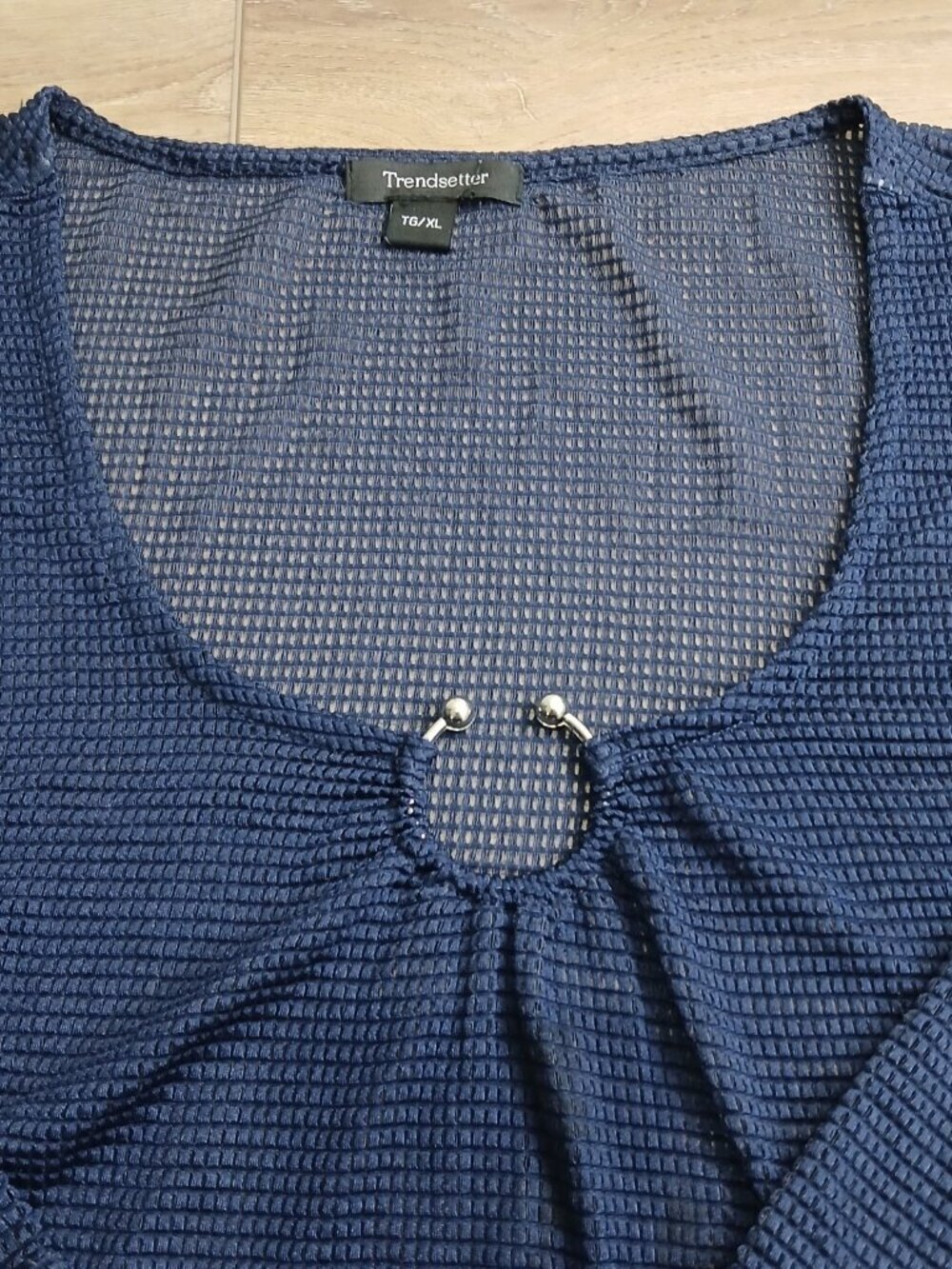 Trendsetter Navy Blue Textured Tunic Swim Top XL Stretch 3/4 Sleeve Keyhole Neck - Picture 6 of 10